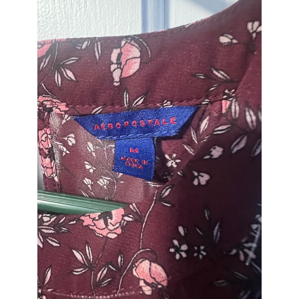 Aeropostale Floral Cold Shoulder‎ Ruffle Blouse Long Sleeve Top Maroon M - Picture 7 of 8